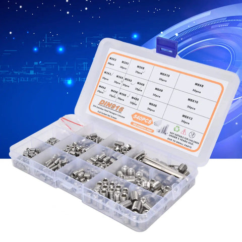 Top Notch 540Pc Grub Screw Assortment Kit Made From Premium 304 Stainless Steel Durable Rust Proof Set Screws With Secure Hold For Heavy Duty Jobs Super Easy To Find And Carry In Clear Storage Box, open clear case with 304 stainless steel grub screws and hex keys