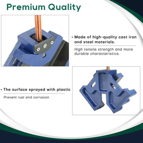 Heavy Duty Cast Iron Welding Angle Clamp Built Like A Tank With Rock Solid Self Centering 90 Degree Frame, close-up of cast iron details.
