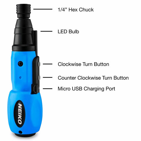 Cordless Power Screwdriver With Auto Lock One Quarter Inch Hex Chuck, USB Rechargeable Li Ion Battery, labeled parts view
