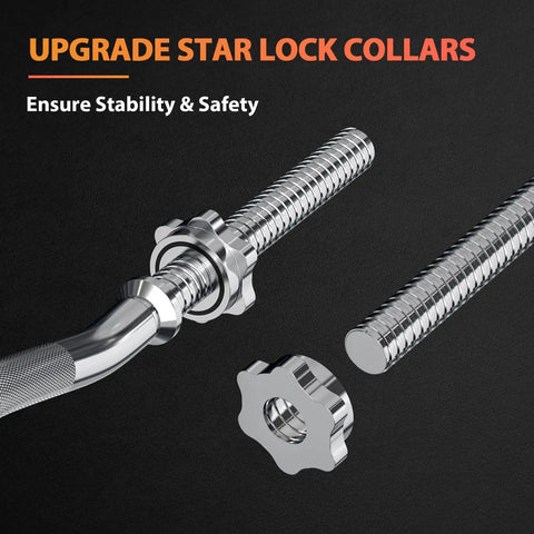47 Inch EZ Curl Bar with curved shaft, star lock collars, steel construction, for hip thrusts, squats, and lunges, 220 lb capacity.
