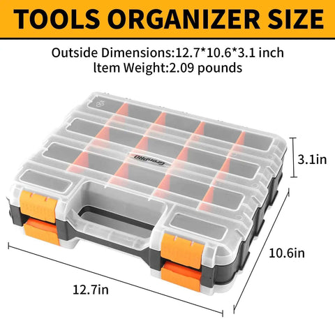 Dual Side 34 Compartments Mini Tool Box Organizer With Customizable Layout And Removable Partitions, Plastic Storage Case dimensions 12.7x10.6x3.1 inches