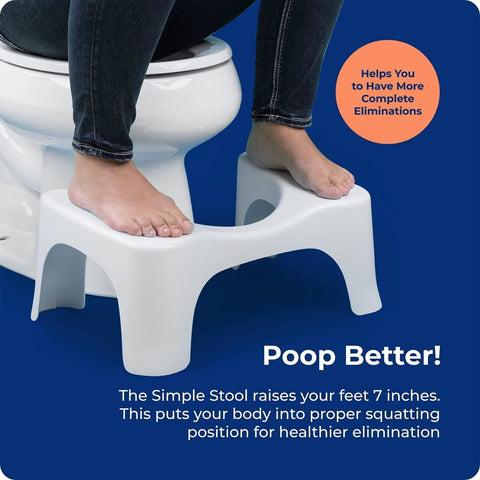 Squatty Potty Simple Curve 7-inch white bathroom toilet stool; feet on the stool