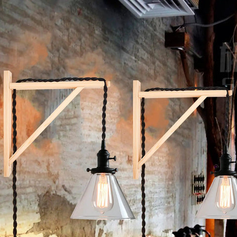 Heavy Duty Wall Mount Wooden Brackets For Pendant Lights And Sconces Hella Sturdy Shelf Supports, wooden brackets with black hanging lamps.