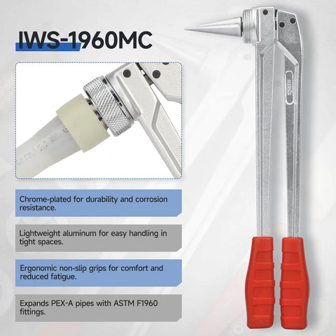 ProPEX Expansion Tool Kit With Pipe Cutter For ProPEX Fittings 3/8 To 1 Inch, IWS-1960MC chrome-plated tool with red grips