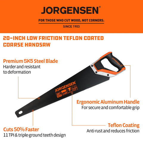 20 Inch Black Coated Pro Grade Hand Saw With Ergonomic Non Slip Aluminum Handle For Precise 11 TPI Fine Cut And Heavy Duty Control For Sawing