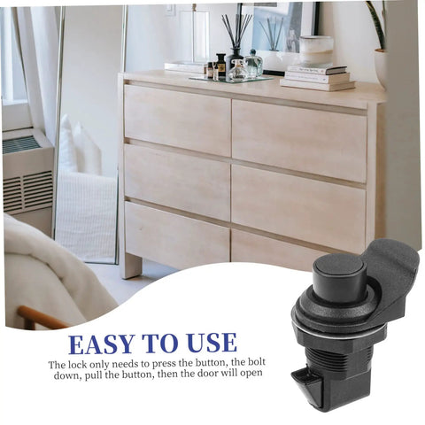 Keyless Push Button Cabinet Door Latch Built Tough Stainless Steel And Plastic Build displayed near dresser in interior setup.