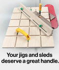 Premium Zero Play Table Saw Sled Kit Featuring Adjustable Miter Bar And Ergonomic MatchFit Handle for woodworking setup on a tabletop.