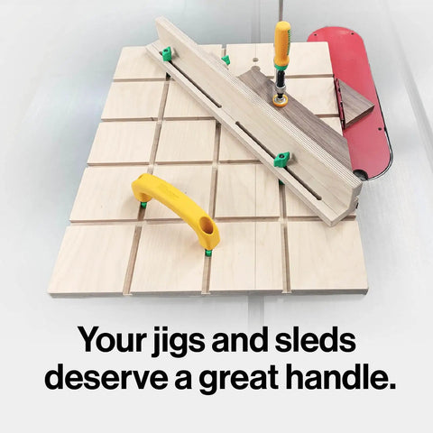 Premium Zero Play Table Saw Sled Kit Featuring Adjustable Miter Bar And Ergonomic MatchFit Handle for woodworking setup on a tabletop.