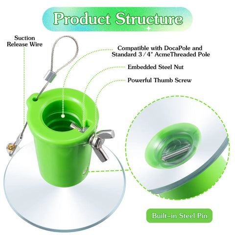 Easy No Sweat Ceiling Light Bulb Changer with suction cup showing product structure, steel nut, thumb screw, and release wire.