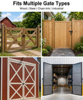 Image showing Four Pk Five Eighth Inch Heavy Duty J Bolt Gate Hinge Kit With Reinforced Mounting Plate installed on various gate types.