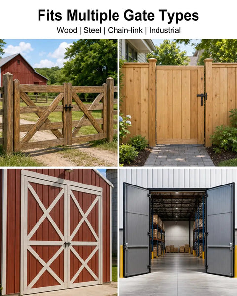 Image showing Four Pk Five Eighth Inch Heavy Duty J Bolt Gate Hinge Kit With Reinforced Mounting Plate installed on various gate types.