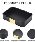 Leather Tray Desk Organizer For Jewelry Watches Keys And Small Essentials Must Have Luxury Nightstand And Entryway Storage Tray In Black With Stitched Edges And Metal Accents 8.5L X 5.7W X 1.8H showing gold accent and stitching details