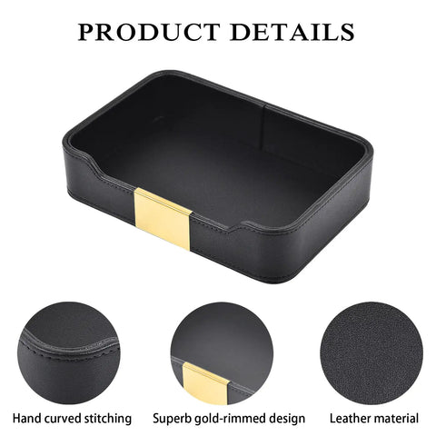 Leather Tray Desk Organizer For Jewelry Watches Keys And Small Essentials Must Have Luxury Nightstand And Entryway Storage Tray In Black With Stitched Edges And Metal Accents 8.5L X 5.7W X 1.8H showing gold accent and stitching details