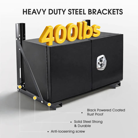 Heavy Duty Underbody Truck Tool Box Mounting Brackets Kit Set of 2 bolted formed steel with toolbox showing weight capacity text
