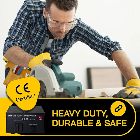 Man using saw with Beefy 2000 Watt Maximum Voltage Converter Transformer For 110V To 220V Devices, CE certified, in foreground.