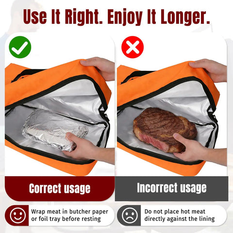 Correct and incorrect usage of the Five Layer Insulated Meat Resting Blanket With Aluminum Foil Lining, EPE Foam And 600D Shell.