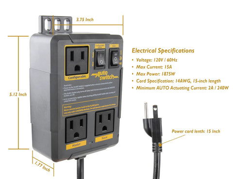 Configurable Automatic Vacuum Switch For Power Tools With Dual Tool Outlets And Load Sensing Delayed On And Off Dust Collector Controller For Cleaner Workshop And Reduced Airborne Dust PTA029, front view showing outlets and cord