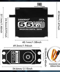 Dimensions and design of Beefy High Torque 55Kg Full Metal Coreless Digital RC Servo, 55kg IP67 servo with connector.