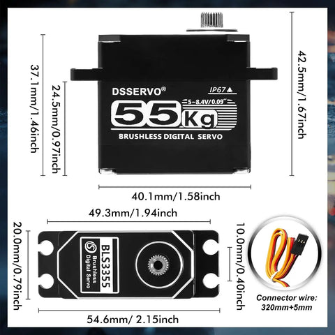 Dimensions and design of Beefy High Torque 55Kg Full Metal Coreless Digital RC Servo, 55kg IP67 servo with connector.