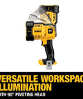 Cordless 20V Max LED Work Light with 90 degree pivot head shown in motion, handheld spotlight, battery not included.