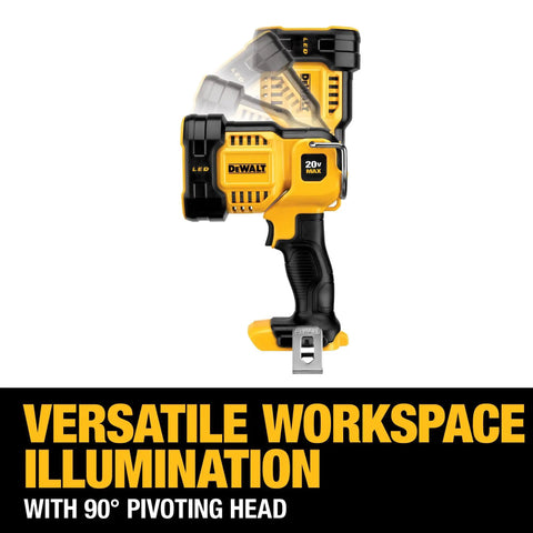 Cordless 20V Max LED Work Light with 90 degree pivot head shown in motion, handheld spotlight, battery not included.