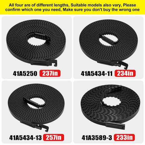 Heavy Duty Garage Door Drive Belt Assembly For 7 Foot Residential Openers, 237 Inch Long With 20 Grooves Per 6 Inches, Smooth Power Transmission shown in different lengths and models.