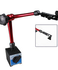 Red metal test indicator holder on adjustable arm with magnetic base, 14-inch reach