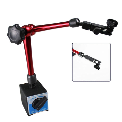 Red metal test indicator holder on adjustable arm with magnetic base, 14-inch reach