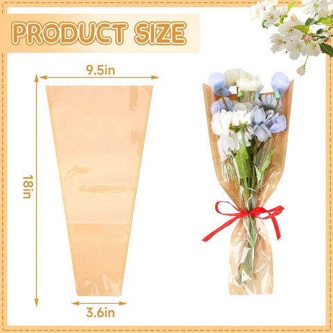 Image showing 40 Pack Kraft Paper Flower Wrapping Bags And Sleeves For Bouquets, Pro Grade Floral Wrap Bags For Weddings Birthdays Graduation, DIY Florist Wrap Supplies, 9.8x17.9 Inch, Easy To Use Budget Friendly. One bag is flat with measurements and another wraps a bouquet tied with a red ribbon.