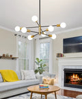 Dope Black And Gold Sputnik Chandelier 8 Light Modern Ceiling Fixture With Height Adjustable Rods in living room setting