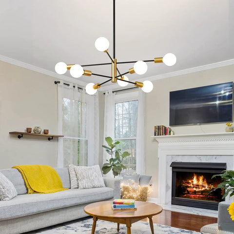 Dope Black And Gold Sputnik Chandelier 8 Light Modern Ceiling Fixture With Height Adjustable Rods in living room setting