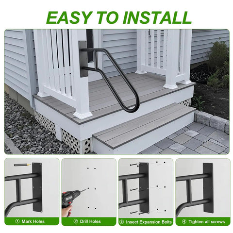 Heavy Duty U Shaped Wall Mount Stair Handrail For Indoor Outdoor Porch Steps Non Slip Safety Grab Bar Zero Fuss Setup shown installed on steps.