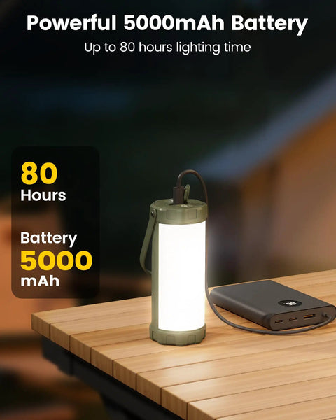 106 LED Camping Lantern With 5000mAh Battery on a wooden table, showing up to 80 hours of light capability, ideal for emergencies.
