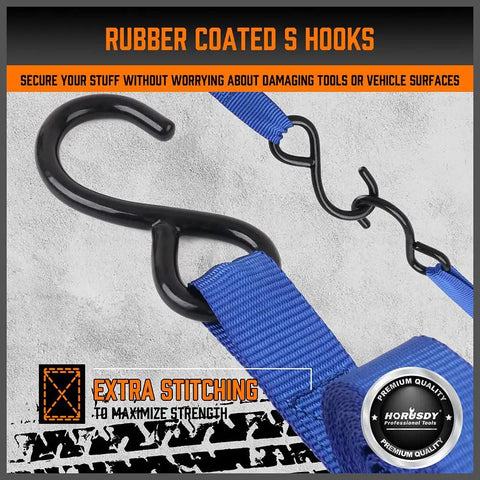 Heavy Duty Ratchet Tie Down Straps 4 Pack 15 Foot Long Truck Bed Cargo Hauler Rig For Bikes And Trailers 2200 Pound No Slip Hold With Premium Tough Blue Webbing with rubber coated S hooks