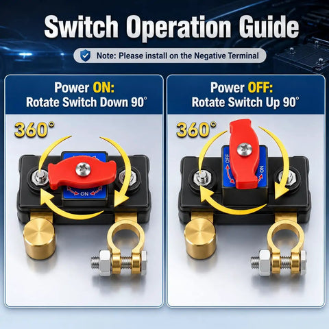 Pure Copper Battery Disconnect Switch 12V 24V manual rotary cutoff switch operation guide showing power on and off positions