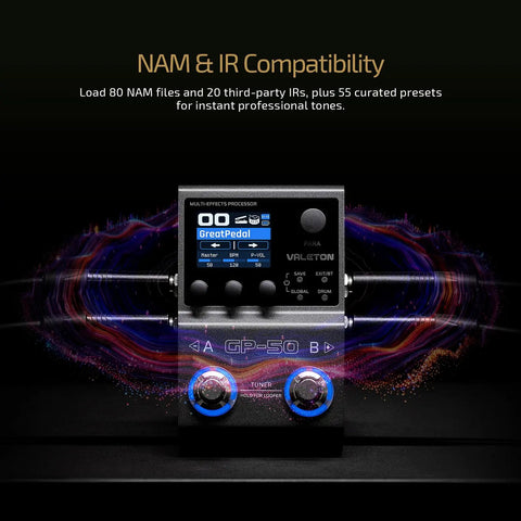 All-In-One Guitar Multi-Effects Processor With NAM And IR Loader, 100 HD Effects, 9 Simultaneous Modules, front view display