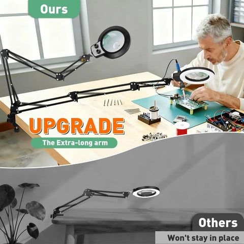 Person using Pro Grade 12X 30X Magnifying Glass With Light And Stand Long Arm Desk Magnifier for electronics work.