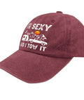 I'm Sexy and I Tow It Vintage Camping RV Camper Hat For Men Wine Red Adjustable Buckle Cap Front View