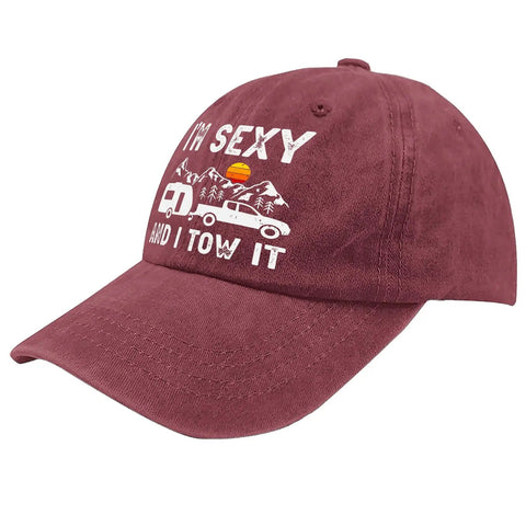 I'm Sexy and I Tow It Vintage Camping RV Camper Hat For Men Wine Red Adjustable Buckle Cap Front View