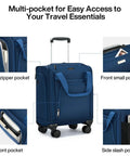 Underseat Carry On Luggage With Wheels Lightweight 30L Softside 16 Inch Spinner Suitcase Airline Approved Personal Item Overnight Bag For Women And Men Blue Jet Set Ready Travel Must Have, showcasing multiple pockets.