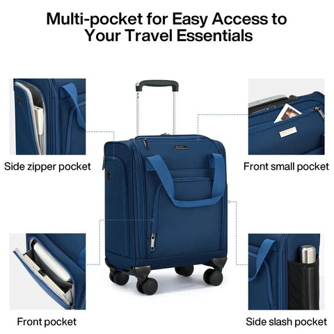 Underseat Carry On Luggage With Wheels Lightweight 30L Softside 16 Inch Spinner Suitcase Airline Approved Personal Item Overnight Bag For Women And Men Blue Jet Set Ready Travel Must Have, showcasing multiple pockets.