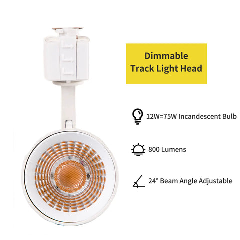 4 Pack Dimmable 12W LED Track Lighting Heads For J Type Track Systems with beam angle details and light specifications.