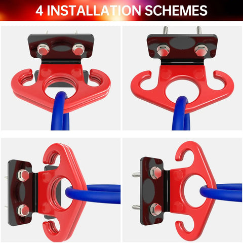 Kickass Wall Anchor For Resistance Bands With Secure Lock Rings And Quick Release Hooks, shown in four installation schemes.