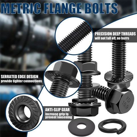 Hardcore Metric Flange Bolt Kit With Socket Wrench 716 Piece Hex Fastener Set Grade 10.9 featuring serrated black zinc bolts and nuts.