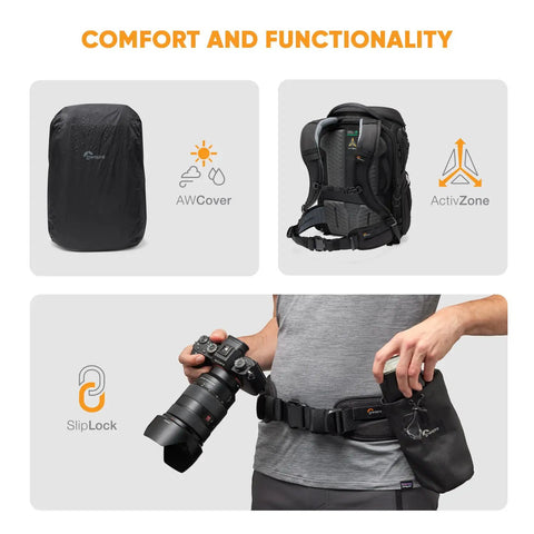 ProTactic BP 450 AW III Camera Backpack With 4 Point Quick Access featuring rain cover, back support, and modular gear attachment.