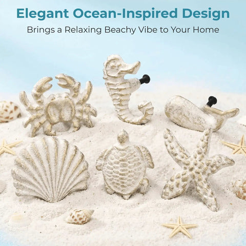 Six Ocean Themed Cabinet Knobs Set With Cast Iron Drawer Pulls For Dresser And Cupboard Includes Screws Coastal Decor With A Beachy Vibe Featuring Turtle Whale Seahorse Starfish Crab And Scallop Details Durable And Easy To Install. set of 6 painted cast iron knobs