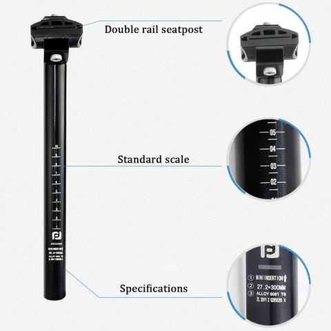 Aluminum Bicycle Seat Post 25.4mm By 300mm Adjustable For MTB Road Bike BMX Built Tough Lightweight One Piece Alloy Seat Post With Strong Clamp And Extra Long Reach For Better Saddle Fit, showing double rail seatpost, standard scale, and specifications.