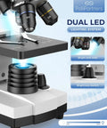 Close-up of Compound Microscope Kit For Adults And Students With 100X-2000X Magnification showing dual LED lighting system