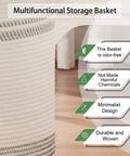 Close-up of Large Rope Laundry Basket With Handles, showing texture and features: odor-free, eco-friendly, minimalist design.