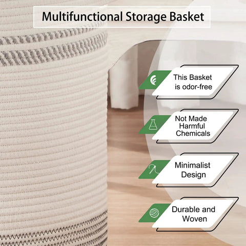 Close-up of Large Rope Laundry Basket With Handles, showing texture and features: odor-free, eco-friendly, minimalist design.